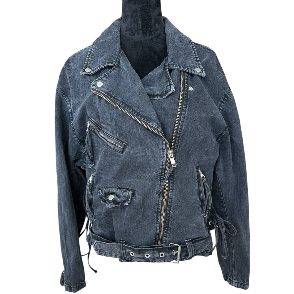 Free People Oversized Moto Jacket Black Denim Belted Lace Up Small Boho Biker - Picture 3 of 15